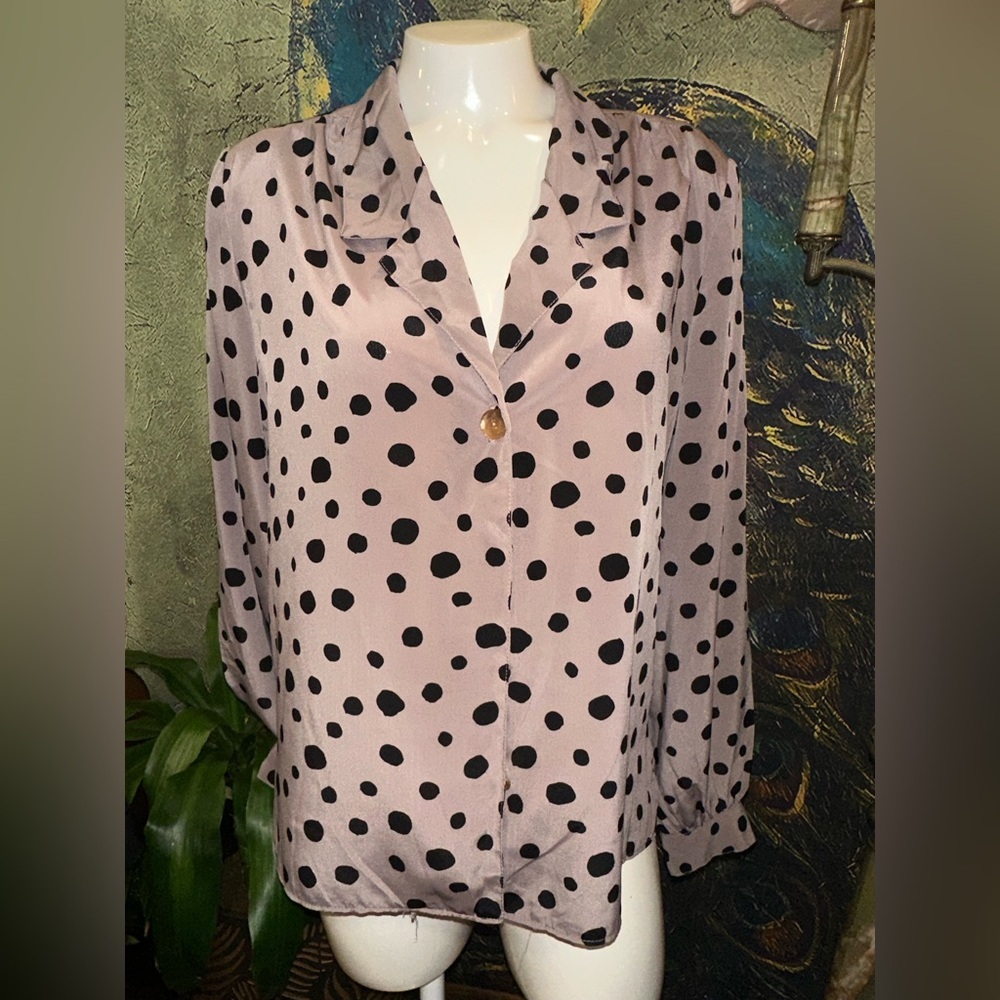EUC CAMPUS CASUAL TAN AND BLACK Polka Dot Women's Top